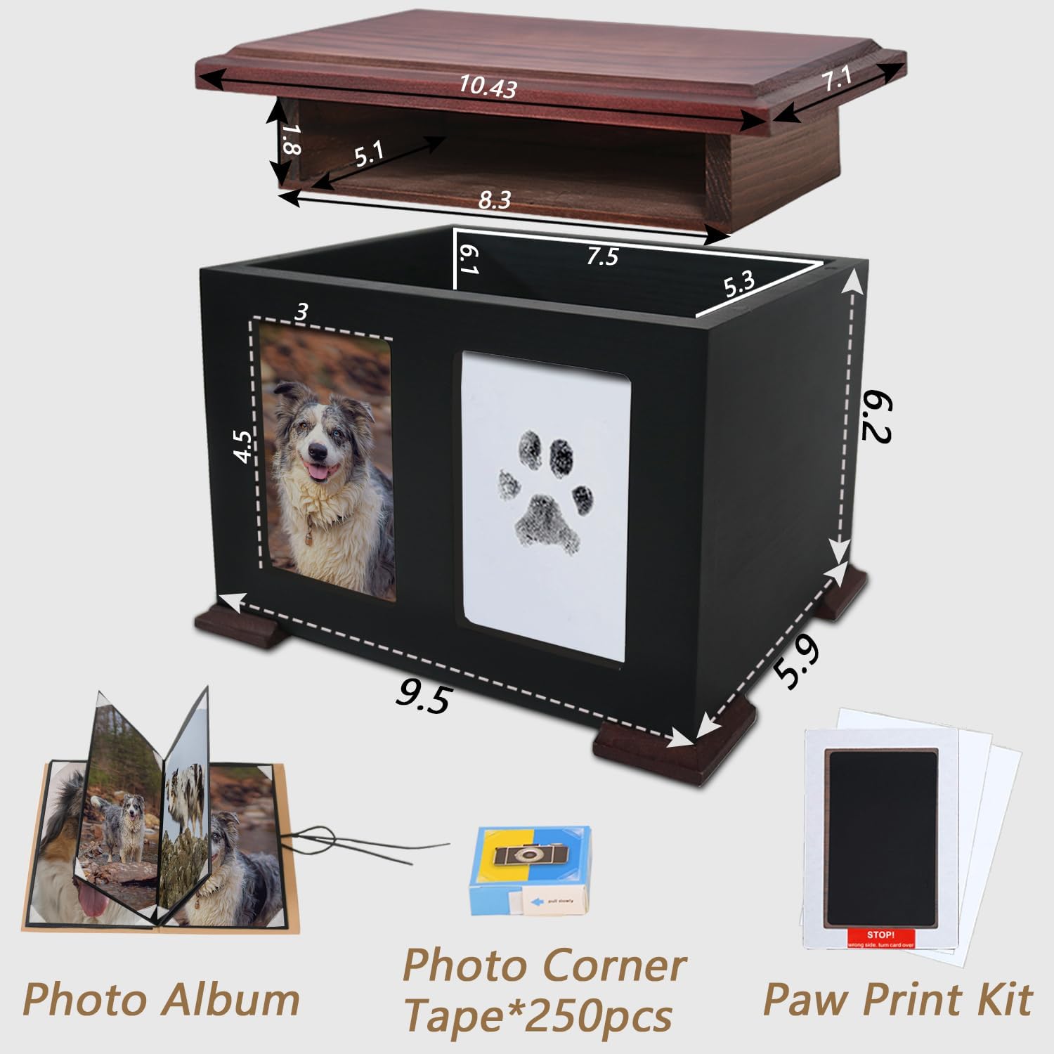Solid Pine Pet Memorial Urn Box for Dog Ashes with Paw Print Kit