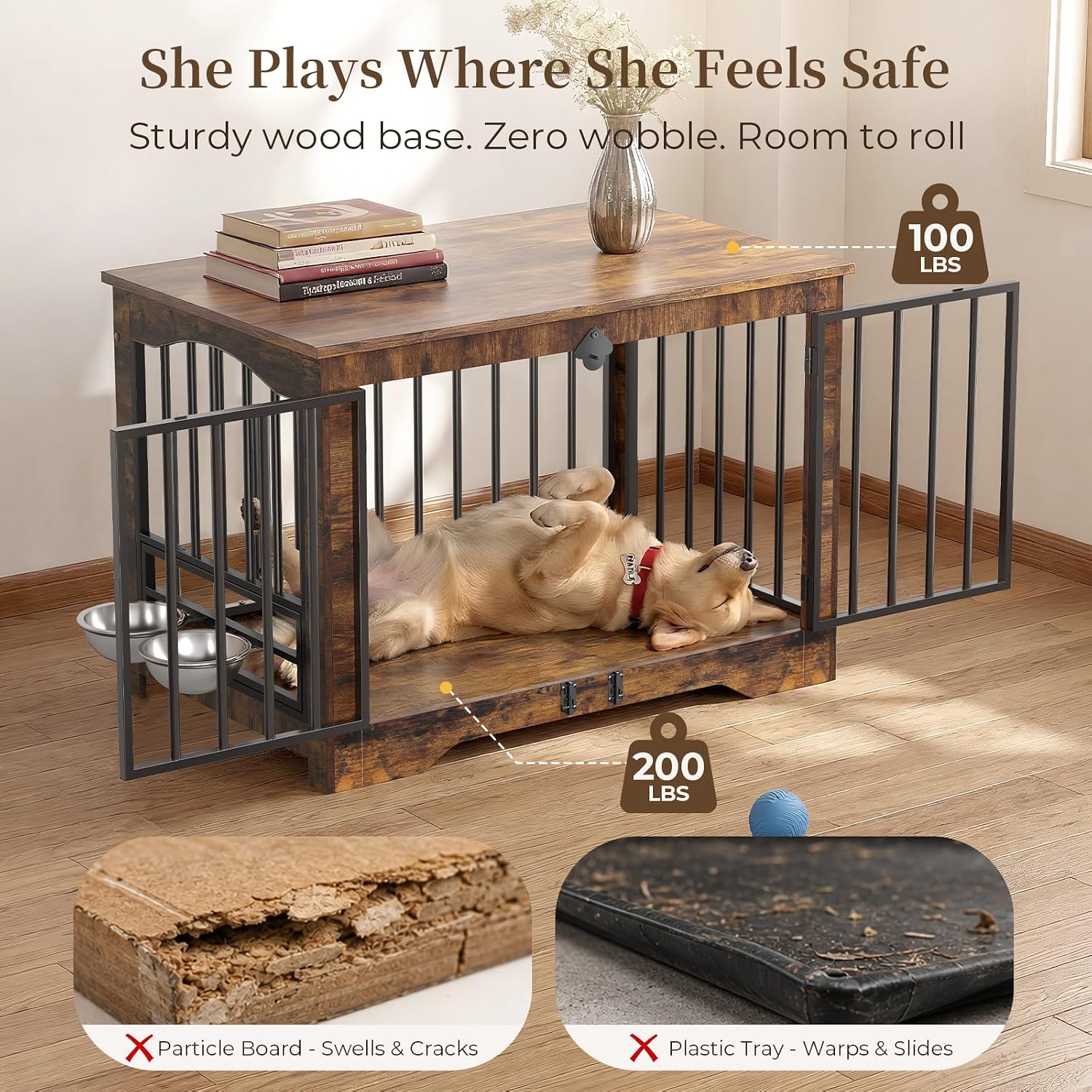 Double Door Dog Crate With Solid Base