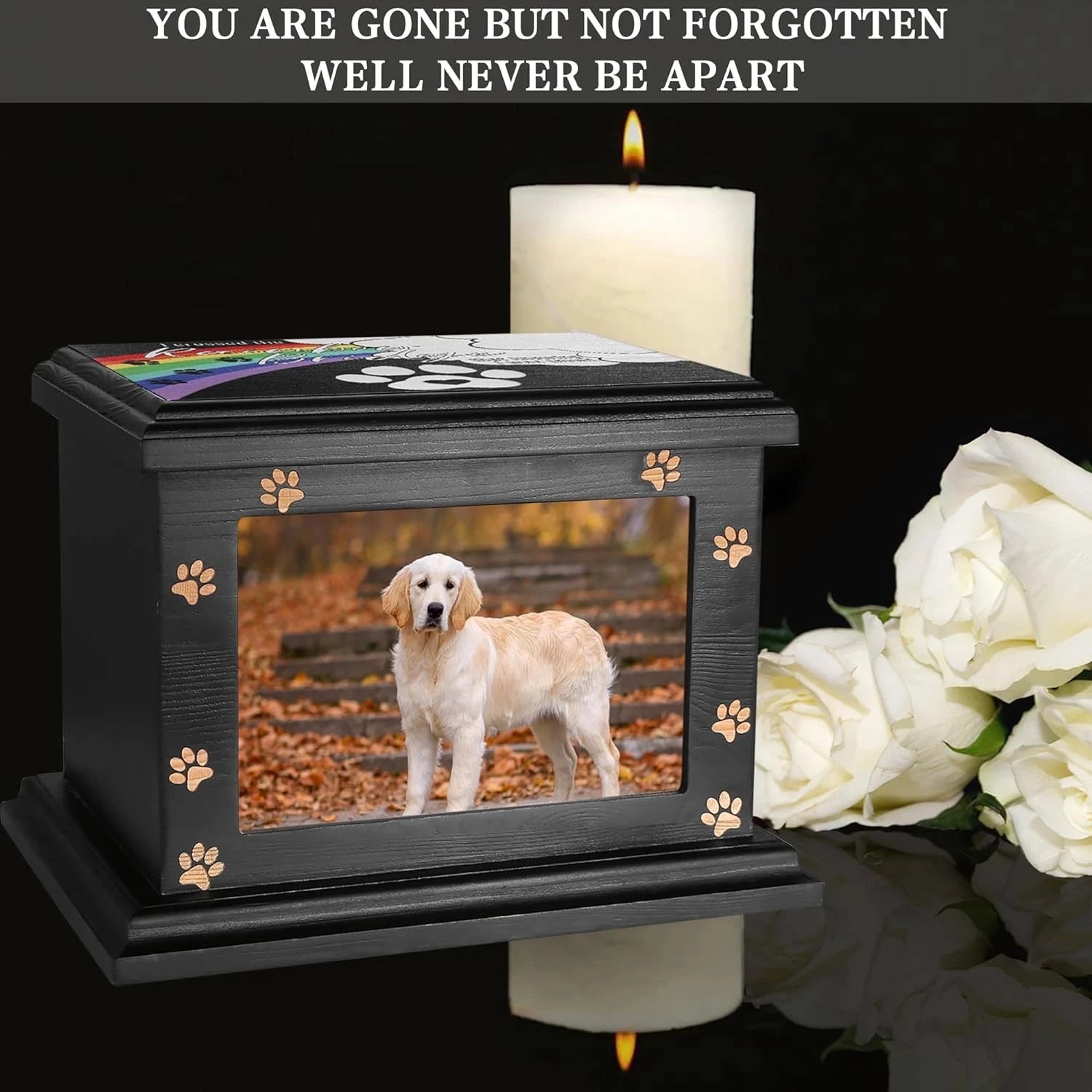 Wooden dog urn with picture